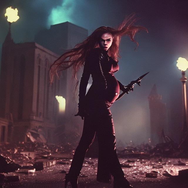 Prompt: A full color 1990s B-movie photograph from Vampire Journals starring a pregnant Cara Delevingne, smashing and destroying buildings, dramatic cinematic lighting, in the style of Vampire Journals, 1990s B movie. 1990s retrofuturism