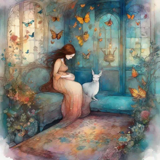 Prompt:  A cute pregnant girl in magical room with whimsical animals , butterflies and art by Florence Harrison, caia Koopman, catrin Welz Stein, Rosalba Carriera, pol Ledent, Doug Chinnery, Maud Lewis, Valerie Hegarty, Endre Penovac, Justin Gaffrey. inlay, watercolors and ink, beautiful, fantastic view, extremely detailed, intricate, best quality, highest definition, rich colours. intricate beautiful dynamic lighting award winning fantastic view ultra detailed 4K 3D high definition hdr 