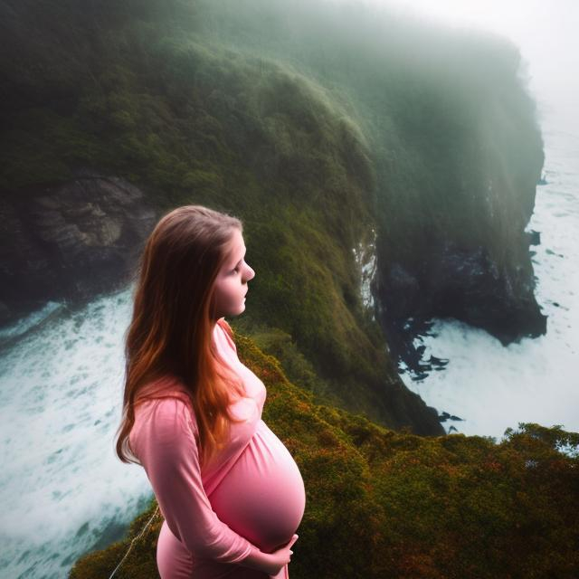 Prompt: Pregnant young adult on cliff front side raining ocean at bottom of cliff dark foggy forest background, mythical view of girls face with forest behind her 