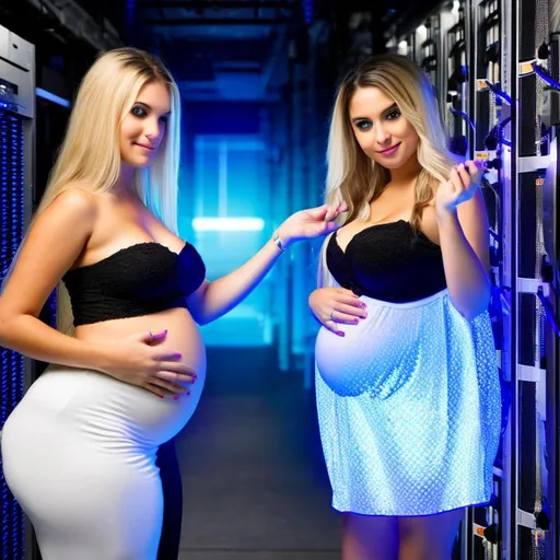 Prompt: dreamcore, futuristic, vibrant, very detailed, hot blonde pregnant babe protecting data center server, holding a star in her hand, high detail