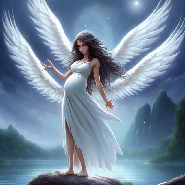 Prompt: 1girl, a pregnant woman with white wings standing on a rock near a lake with her arms outstretched and her body spread wide, Anne Stokes, fantasy art, anime,
