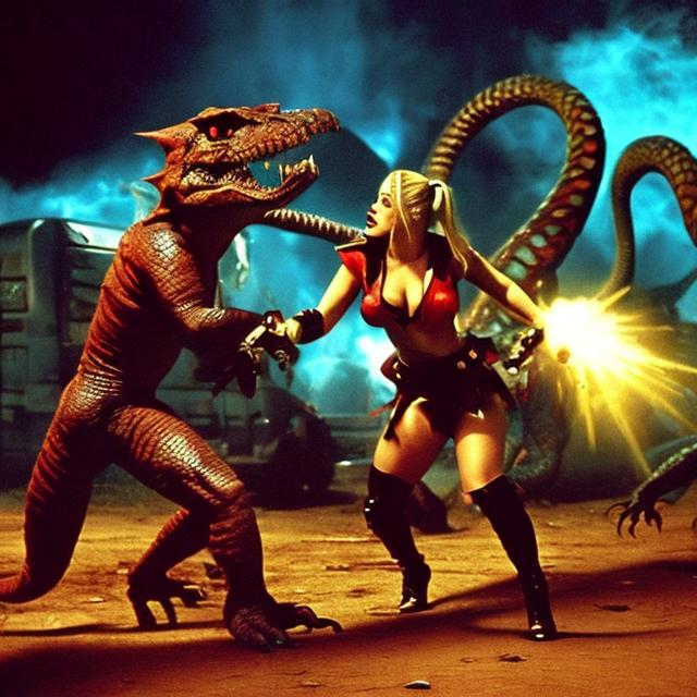 Prompt: A full color 2000s B-movie photograph from Komodo vs Cobra, starring Hilary Duff in a Harley Quinn outfit, haunting a giant Komodo and a giant Cobra, dramatic cinematic lighting, in the style of Komodo vs Cobra, 2000s B movie. 2000s retrofuturism