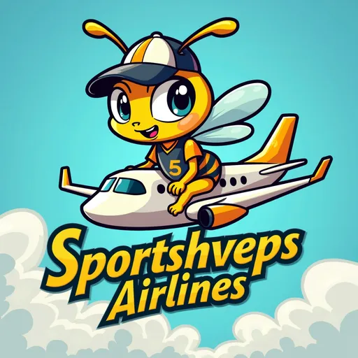 Prompt: Imagine a vibrant logo for "Sportshveps Airlines" featuring a cartoonish wasp, donned in colorful sports attire, exuding a sense of energy and excitement. The wasp, sitting on an airplane mid-flight, strikes a dynamic pose, showcasing a baseball cap angled jauntily to one side and a sporty jersey emblazoned with a bold number. Its wings shimmer with a playful glossy sheen, reflecting the sun's warm light. The background is a bright cerulean sky, dotted with fluffy white clouds, creating an inviting, cheerful atmosphere. The name "Sportshveps Airlines" curves gracefully beneath the wasp, rendered in a bold, cartoonish font, infused with lively colors such as yellow and orange that echo the wasp's stripes. This design embodies adventure and athleticism, perfect for capturing the spirit of an imaginative airline.