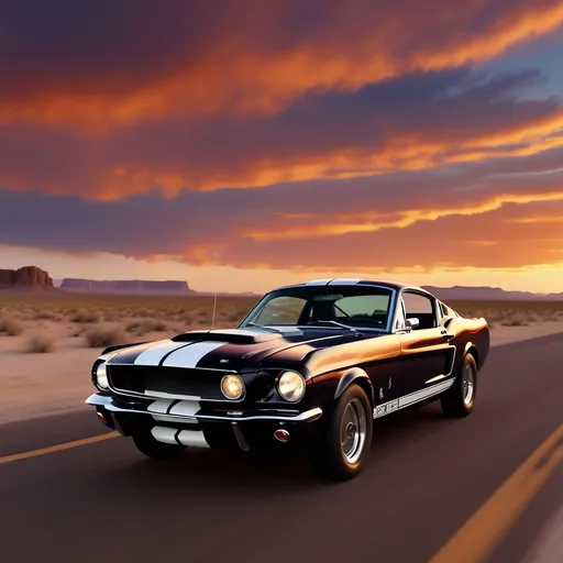 Prompt: (Mustang Shelby, black), driving along Route 66, vibrant sunset sky, (golden hues), winding road, expansive desert landscape, iconic roadside attractions, nostalgic Americana vibe, (highly detailed), cinematic composition, warm ambiance, (4K) quality, reflecting the spirit of freedom and adventure.