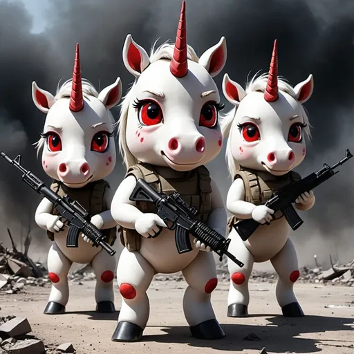 Prompt: Three small cartoon  Unicorns standing on two legs with red eyes which have kalashnikov weapon in huge apocalyptic world behind them