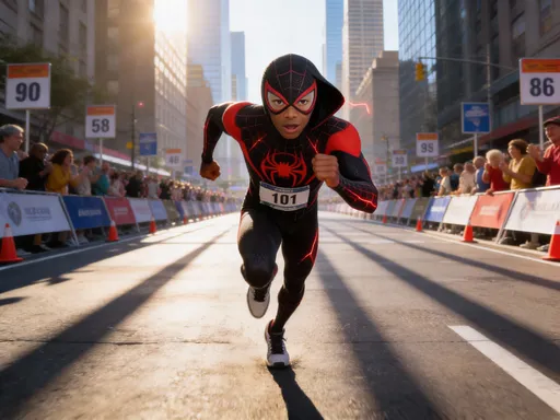 Prompt: @SQdY8iDEH3hWgpIwpfwD as spiderman miles morales in superhero suit with his face showing through mask running a 5k