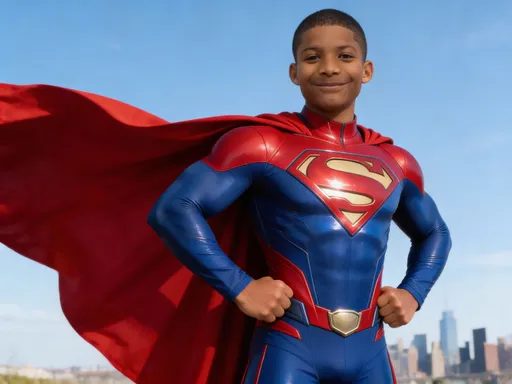 Prompt: @SQdY8iDEH3hWgpIwpfwD as a Superman suit superhero with  cape