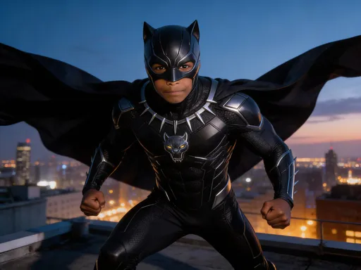 Prompt: @SQdY8iDEH3hWgpIwpfwD as a black panther superhero with a cape