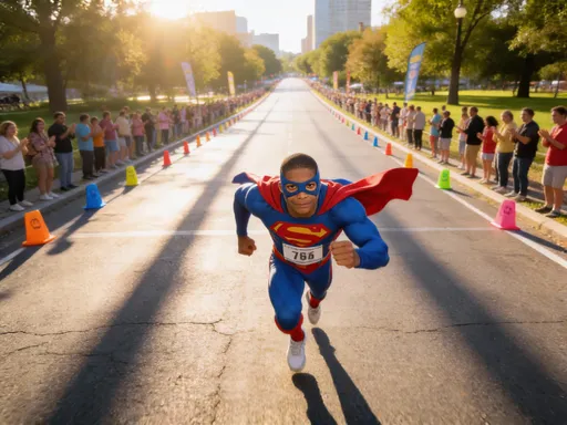 Prompt: @SQdY8iDEH3hWgpIwpfwD as superman in superhero suit with his face showing through mask running a 5k