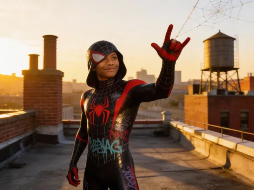 Prompt: @SQdY8iDEH3hWgpIwpfwD as spiderman miles morales in superhero suit with his face showing through mask