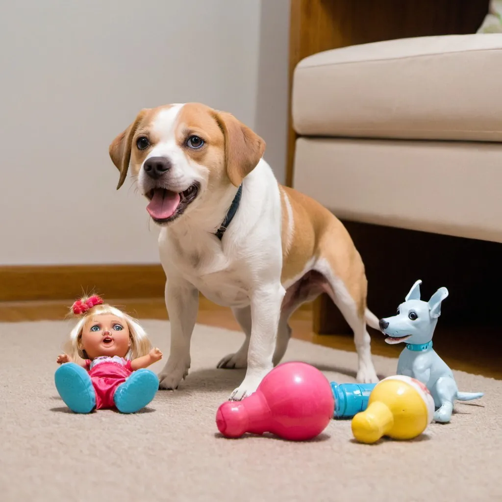 Prompt: A dog farts and playing with dolls