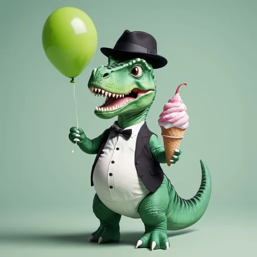 Prompt: A dinosaur that's green and has a black hat and white trousers and eating ice cream . He should be happy. And holding a Ballon. 