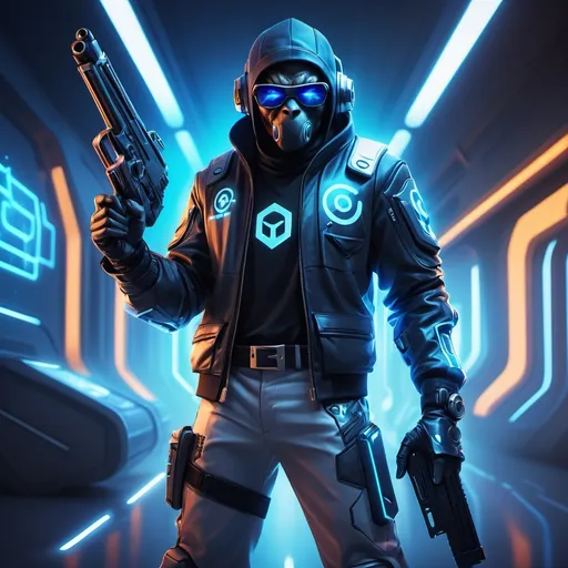 Prompt: His name is swagmage and he has his name written in letters on his clothes. a character in a futuristic suit holding two guns and a gun in his hand with a futuristic background and a blue light, Alex Petruk APe, sots art, key art, concept art