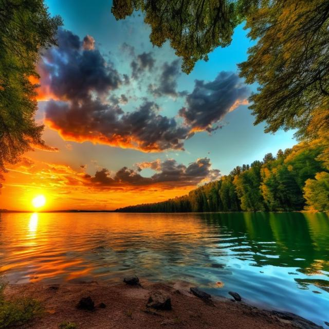 Prompt: cool high resolution sunset over lake with trees in the background