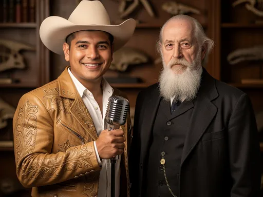 Prompt: genera una imagen de Valentín Elizalde con charles darwin