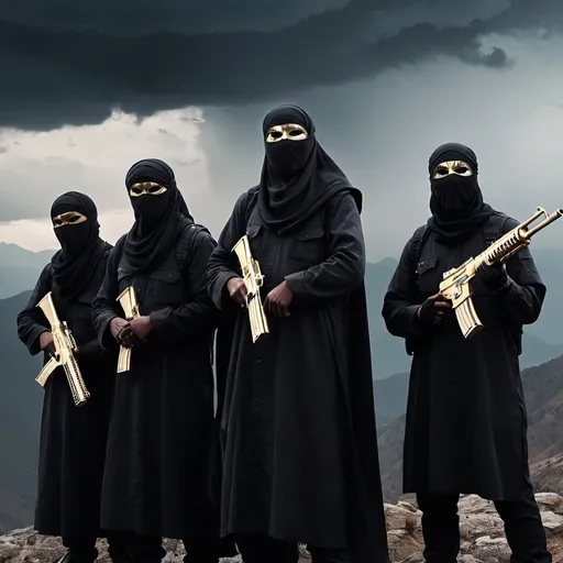 Prompt: A youtube channel thumbnail 
size 
Visual: A group of masked individuals,mens long beard wear rumal or mask
 wearing hijabs and holding golden guns, stand atop a rugged mountain range. The backdrop is a dramatic, stormy sky.

Audio: A haunting, suspenseful soundtrack with heavy bass and eerie sound effects.

Text: "A hidden threat, lurking in the shadows. United by darkness."

Call to Action: "Subscribe now to uncover the truth behind their mysterious mission."
