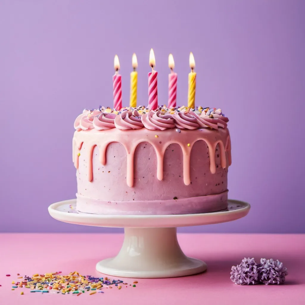 Prompt: birthday cake with pink frosting and sprinkles with a lilac background 

