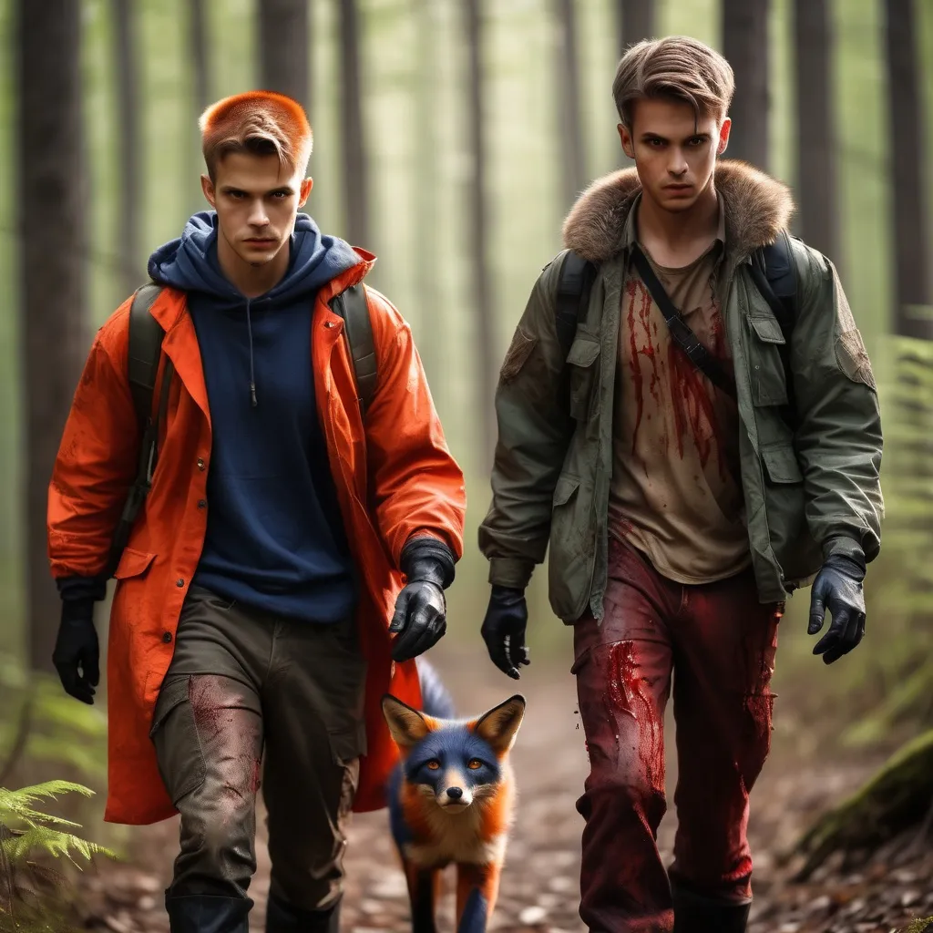 Prompt: Medium height young men walking in forest with a danger hunter fox and bloody clothing, realistic, natural lighting with sun