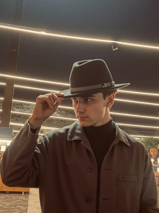 Prompt: Beneath the soft glow of stylish neon lights, a young man stands confidently, tipping his dark fedora with a subtle yet engaging expression. Clad in a sleek black turtleneck and a loose-fitting gray jacket, he exudes a sense of modern sophistication and cool. The environment reveals a contemporary urban setting, hinting at a lively nightlife with blurred outlines of structures and shadows around him, suggesting it's evening. The warm lighting contrasts with his reserved demeanor, adding depth to the scene and imbuing it with an air of intrigue and charisma. The combination of his fashion choice and the vibrant backdrop creates a striking visual narrative, evoking feelings of mystery and style.