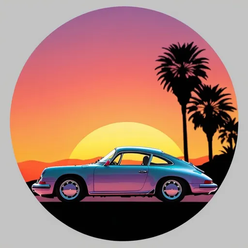 Prompt: women's silhouette, classic porsche, women's heels, ladies, california sunset background, circle sitcker, cartoon digitalized, bright and happy colors, classic 
