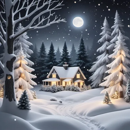 Prompt: "Create a snowy forest landscape at night during Christmas. The scene should be serene and magical, featuring tall evergreen trees blanketed in snow. Soft, warm lights twinkle among the branches, illuminating the white landscape against the dark night sky. In the foreground, there are snow-covered bushes and the ground is dotted with fresh snowflakes. A gentle snowfall adds to the festive atmosphere, creating a peaceful ambiance that evokes warmth and joy during the Christmas season."