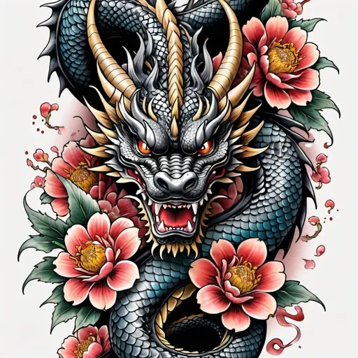 Prompt: Japanese dragon forearm tattoo, vibrant and detailed, Japanese style, black dragon with intricate scales, vibrant flowers surrounding the dragon, dynamic composition, Japanese lettering for 'Fall 7 times, rise 8', high quality, detailed, traditional, detailed scales, dynamic composition, modern 