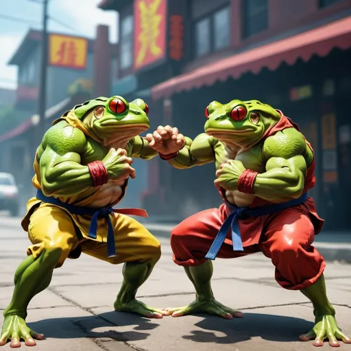 Prompt: Street-fighter-style illustration of two powerful frogs in a combat stance, dynamic action poses, intense martial arts moves, vibrant and bold colors, detailed amphibian anatomy, high-quality rendering, game-streetfighter, powerful frog characters, dynamic combat poses, bold colors, detailed anatomy, high-quality rendering