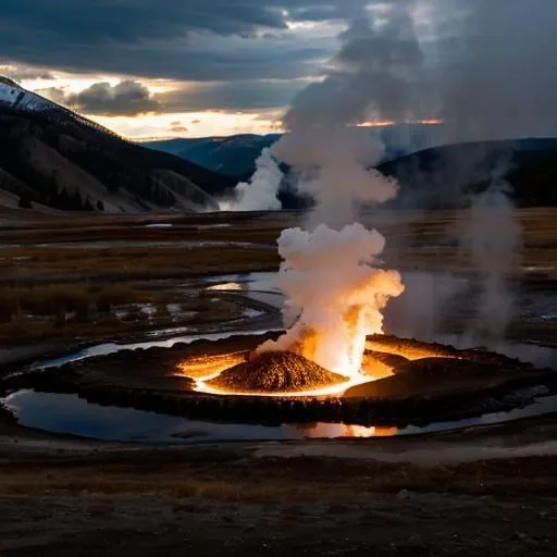 Prompt: a dragon, breathing fire, at a volcano, Yellowstone nature park