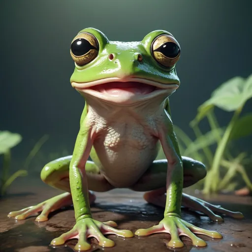 Prompt: a green frog with big eyes and a sad look on its face, standing upright with its legs spread wide, Beeple, sumatraism, unreal engine 5 quality render, a character portrait