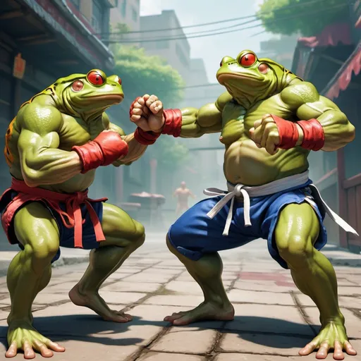 Prompt: Street-fighter-style illustration of two powerful frogs in a combat stance, dynamic action poses, intense martial arts moves, vibrant and bold colors, detailed amphibian anatomy, high-quality rendering, game-streetfighter, powerful frog characters, dynamic combat poses, bold colors, detailed anatomy, high-quality rendering