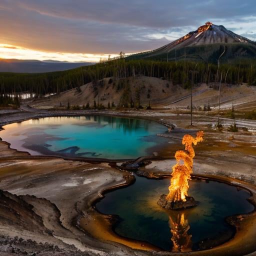 Prompt: a dragon, breathing fire, at a volcano, Yellowstone nature park, make the dragon reflect itself in the lake below the mountain 