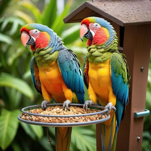 Prompt: Happy parrots on a bird feeder in Hawaii, ads-luxury style, vibrant colors, tropical foliage, high-end, luxurious atmosphere, detailed feathers, rich and saturated tones, gleaming bird feeder, lush greenery, bright and clear, extravagant, premium quality, exotic, vibrant, tropical paradise, opulent feel, luxury lifestyle