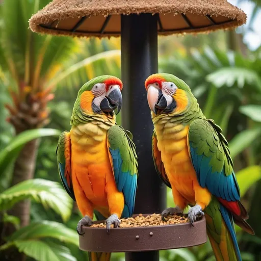 Prompt: Two happy parrots on a bird feeder in Hawaii, vibrant tropical colors, luxurious and high quality, ads-luxury style, detailed feathers with rich textures, lush greenery in the background, bright and sunny lighting, 4k, ultra-detailed, ads-luxury, vibrant tropical, detailed feathers, lush greenery, bright lighting, happy parrots, Hawaii