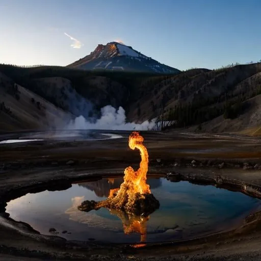 Prompt: a dragon, breathing fire, at a volcano, Yellowstone nature park, make the dragon reflect itself in the lake below the mountain 