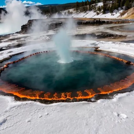 Prompt: mix real fire and ice at the yellowstone hot springs with lava rings
