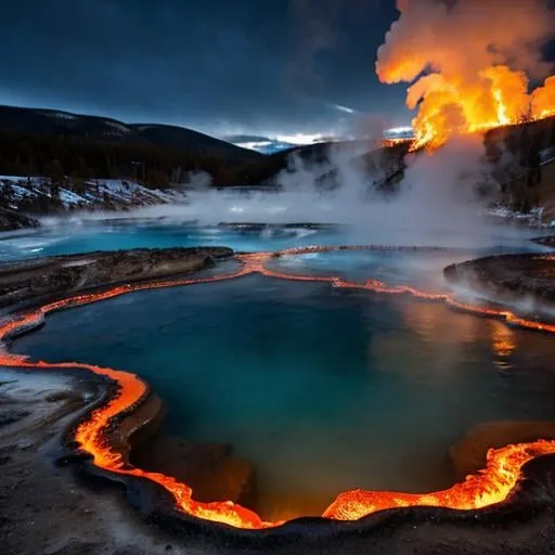 Prompt: Realistic, fiery and icy Yellowstone hot springs with lava rings, contrasting elements of fire and ice, high quality, detailed 3D rendering, natural color palette, dramatic lighting, steam rising, hot and cold contrast, vibrant orange and blue tones, realistic lava texture, icy formations, natural landscape, breathtaking, detailed
