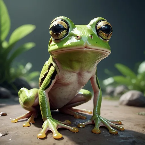 Prompt: a green frog with big eyes and a sad look on its face, standing upright with its legs spread wide, Beeple, sumatraism, unreal engine 5 quality render, a character portrait