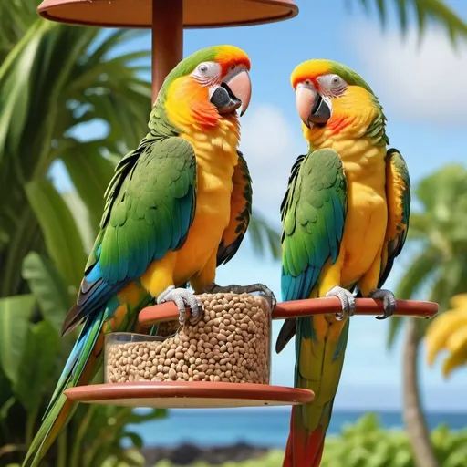 Prompt: Two happy parrots on a bird feeder in Hawaii, vibrant tropical colors, luxurious and high quality, ads-luxury style, detailed feathers with rich textures, lush greenery in the background, bright and sunny lighting, 4k, ultra-detailed, ads-luxury, vibrant tropical, detailed feathers, lush greenery, bright lighting, happy parrots, Hawaii