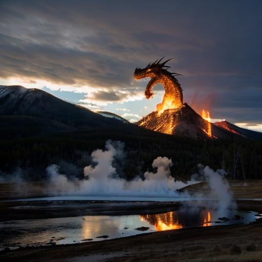 Prompt: a dragon, breathing fire, at a volcano, Yellowstone nature park