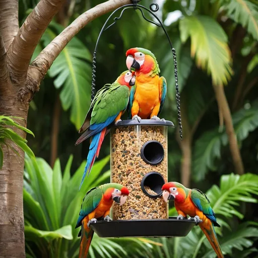 Prompt: Happy parrots on a bird feeder in Hawaii, ads-luxury style, vibrant colors, tropical foliage, high-end, luxurious atmosphere, detailed feathers, rich and saturated tones, gleaming bird feeder, lush greenery, bright and clear, extravagant, premium quality, exotic, vibrant, tropical paradise, opulent feel, luxury lifestyle