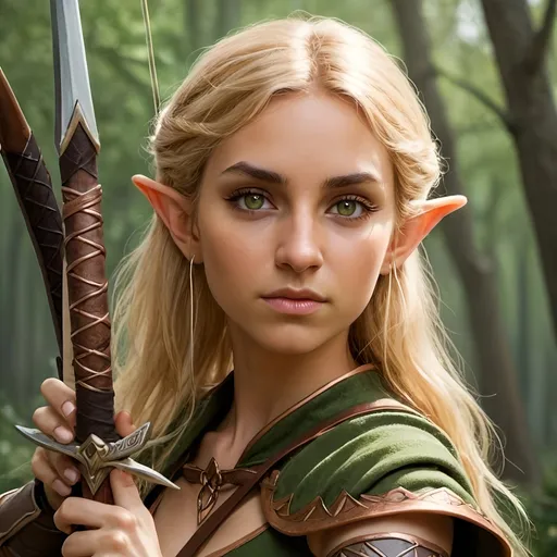 Prompt: Elf ranger sage whomis willowy with golden blonde hair and copper hued eyes and olive skin. She expertly weilds a long bow but can fight with 2 short swords. She is not very pretty but you sense wisdom in her bearing.