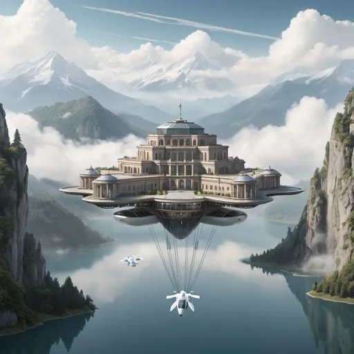 Prompt: A palace suspended in air below clouds from wires with a built-in airstrip and hover port, situated above a mountain lake