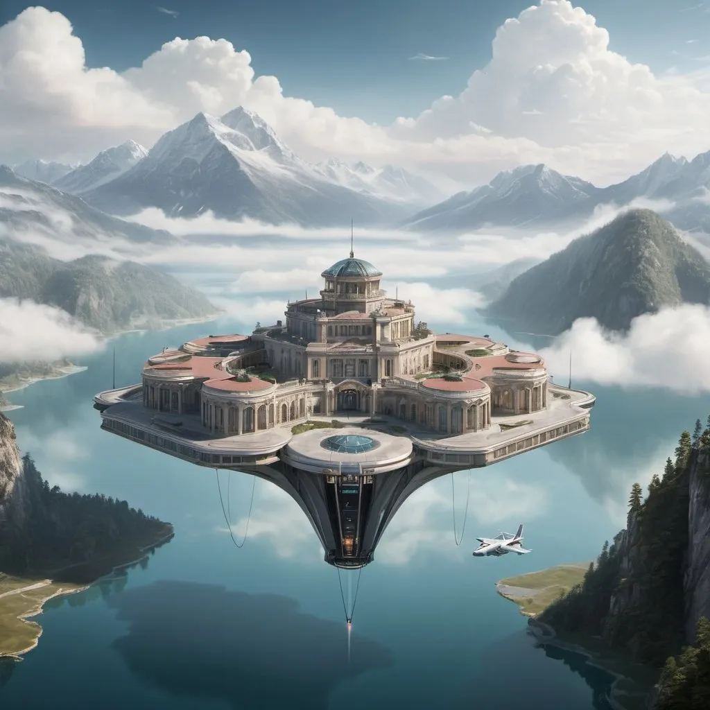 Prompt: A palace suspended in air below clouds from wires with a built-in airstrip and hover port, situated above a mountain lake