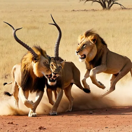 Prompt: Lions chasing antelopes