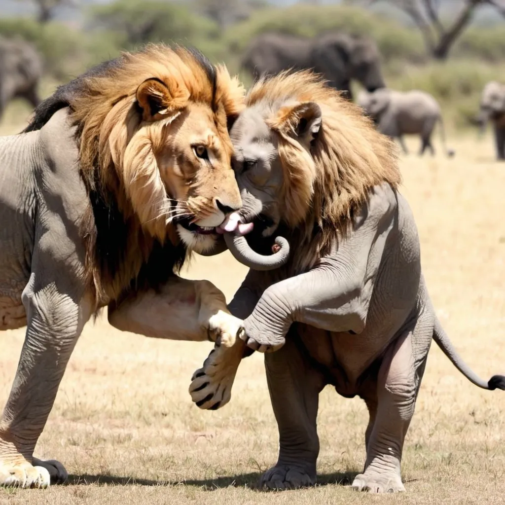 Prompt: lions wrestles elephant