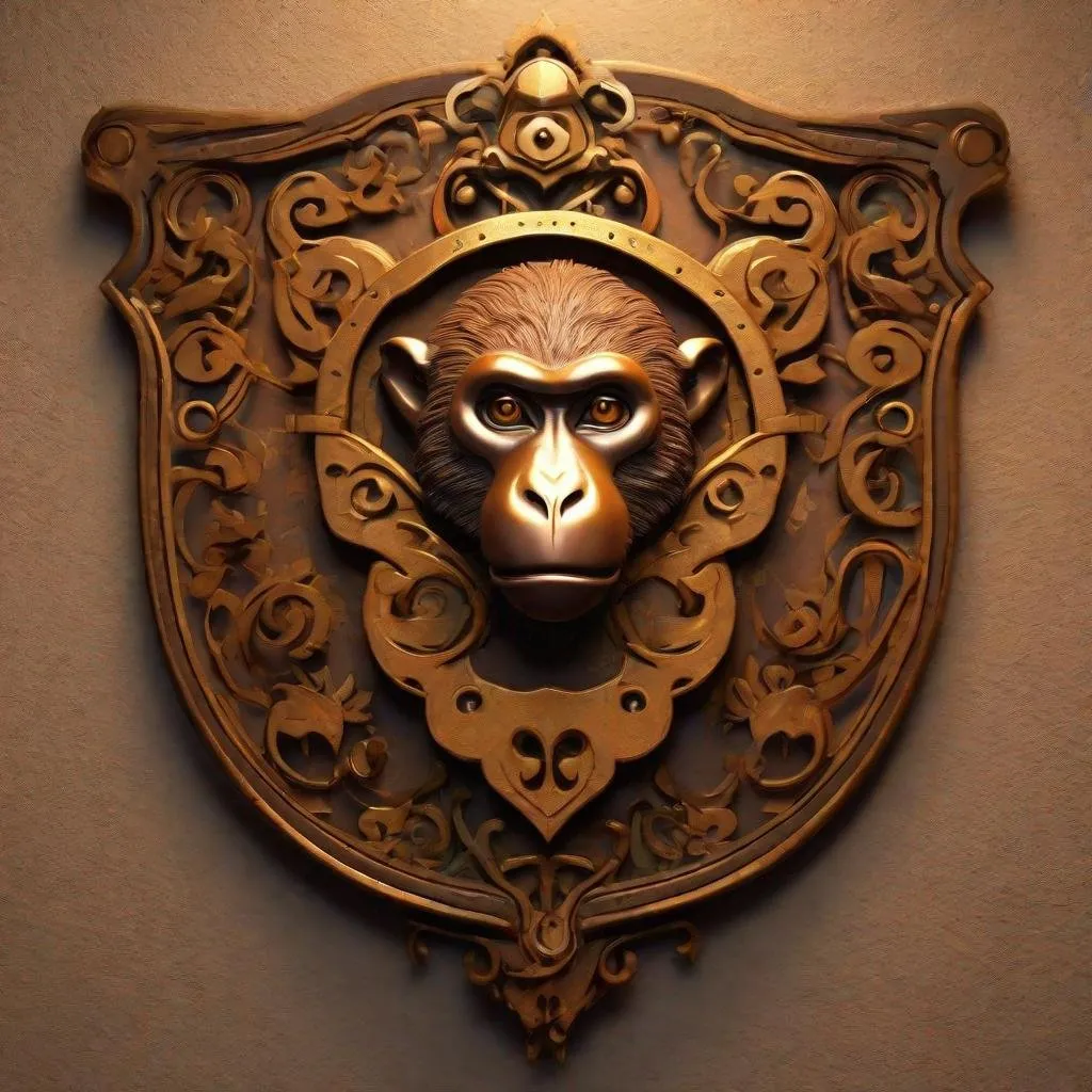 Prompt: The family crest of a fantasy house  with a silhouette of a monkey head, humble, modest, light steampunk fantasy, dnd, artstation, octane render, cgsociety, HDR, UHD, 64k, best quality