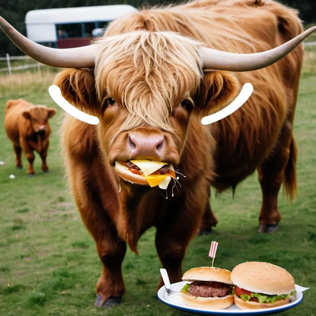 Prompt: Highland cow eating a hamburger