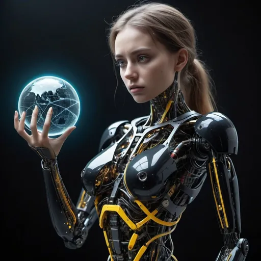 Prompt: rendering, side shot,falf-strange body with complex system equipment with hyper detail robot a woman, she is 30 years old, she has yellow eyes, she is sad about the destruction of the world, she is in a medium shot with a chopped top view, she has her hand extended as if she is holding something, she has very few features human, F/2.8, Tones of Black in Background, Super-Resolution, Tetrahedron, Electromagnetic Spectrum, Hard Lighting, Refractive, Electricity, photography, realistic, futuristic, cyberpunk, digital image --ar 9:16 --s 750