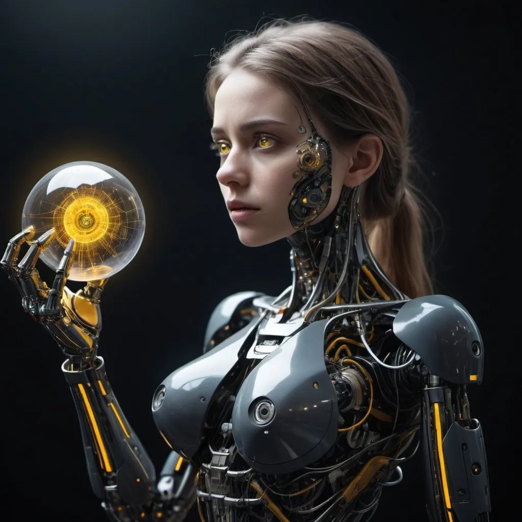 Prompt: rendering, side shot,falf-strange body with complex system equipment with hyper detail robot a woman, she is 30 years old, she has yellow eyes, she is sad about the destruction of the world, she is in a medium shot with a chopped top view, she has her hand extended as if she is holding something, she has very few features human, F/2.8, Tones of Black in Background, Super-Resolution, Tetrahedron, Electromagnetic Spectrum, Hard Lighting, Refractive, Electricity, photography, realistic, futuristic, cyberpunk, digital image --ar 9:16 --s 750