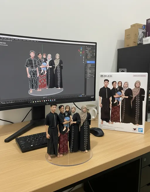 Prompt: Using the model, create a 1/7 scale commercialized figurine of the characters in the picture, in a realistic style, in a real environment. The figurine is placed on a computer desk. The figurine has a round transparent acrylic base, with no text on the base. The content on the computer screen is the Zbrush modeling process of this figurine. Next to the computer screen is a BANDAI-style toy packaging box printed with the original artwork. The packaging features two-dimensional flat illustrations.